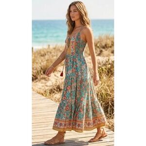 Angie Floral Boho Maxi Dress Teal Coral Smocked Tiered Tassel Rayon 1X